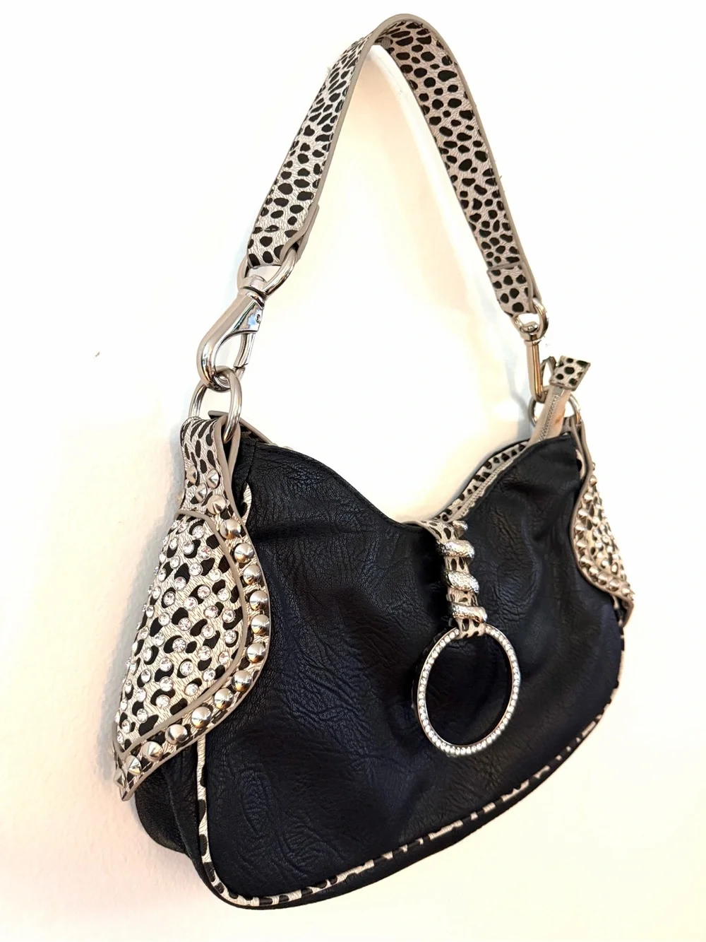 Vintage Hobo Purse Shoulder Bag Silver Studs Bling Snake Cheetah Black White Y2K